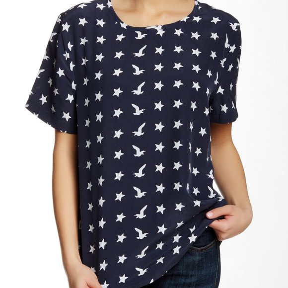 Equipment Blue Stars Birds Eagle Riley Silk T-shirt Tee Blouse XS - Picture 2 of 10